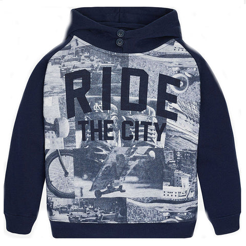 Mayoral Boys Junior Youth Nukutavake Outerwear Style 7416 Ride The City Navy Hoodie Printed Pullover - Runwayz Boutique