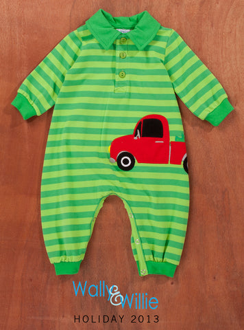 Baby Boys Wally & Willie Green Striped Footless Romper with Red Truck Style 93-9161 - Runwayz Boutique