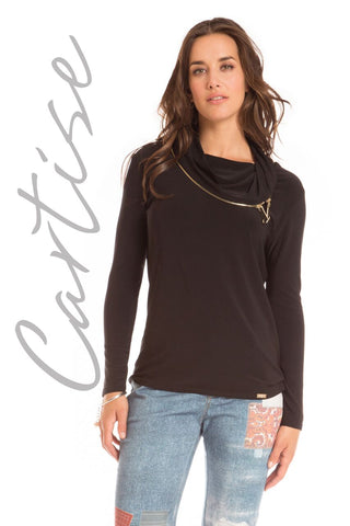 Ladies Black Cartise Top with 2 Gold Zippers style 620227 - Runwayz Boutique