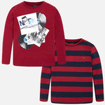 Boys Mayoral Nukutavake 2 Piece Set of Long Sleeved Shirt Set Style 7020 Striped and Music Club Print