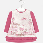 Mayoral Baby Girls Dark Pink Winter Village Print Tunic Dress Size 18 Months Only Style 2952
