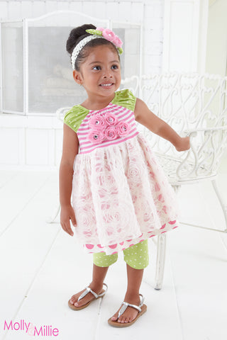 Girls Molly & Millie 2 Piece Set Green and White with Pink Rosets - Runwayz Boutique