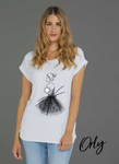 Ladies White Short Sleeved Top Style 20608 Size XXL only Lady with Black Tulle Skirt Print