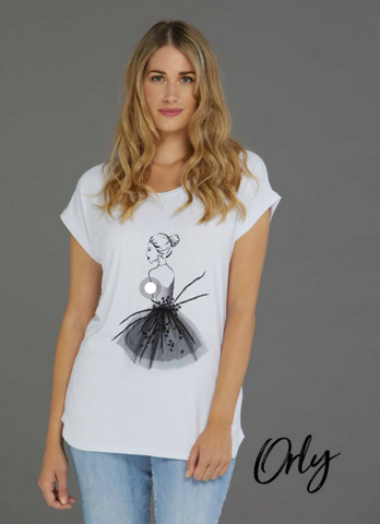 Ladies Orly White Short Sleeved Top with Lady in Black Dress Print Style 20608